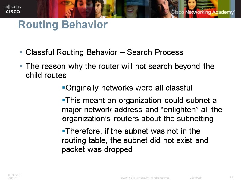 Routing Behavior Classful Routing Behavior – Search Process  The reason why the router